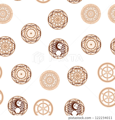 Seamless pattern ancient Slavic symbols. Star of the arkgamma, kolovrat, trixel, valknut, celtic cross and other Slavic symbol Seamless pattern ancient Slavic symbols. Star of the arkgamma, kolovrat, trixel, valknut, celtic cross and other Slavic symbol 122234011