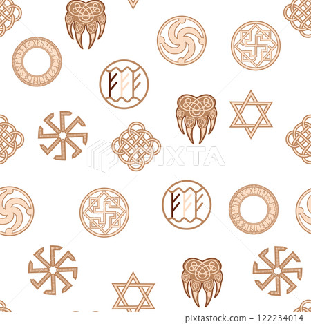 Seamless pattern ancient Slavic symbols. Star of the arkgamma, kolovrat, trixel, valknut, celtic cross and other Slavic symbol Seamless pattern ancient Slavic symbols. Star of the arkgamma, kolovrat, trixel, valknut, celtic cross and other Slavic symbol 122234014