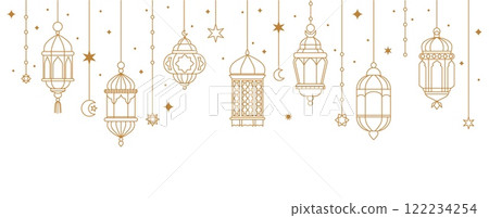 Ramadan Kareem arabic lanterns. Muslim traditional hanging lanterns for greeting card, Islamic golden oriental garland with lamp, crescent and stars. Vector background Ramadan Kareem arabic lanterns. Muslim traditional hanging lanterns for greeting card, Islamic golden oriental garland with lamp, crescent and stars. Vector background 122234254