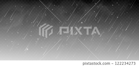 Realistic rain and snow. Raindrops and snowflakes, snowy storm with rain. Downpour, hail rainy autumn and winter weather. Vector isolated rainfall texture 122234273