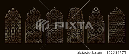 Ramadan islamic windows. Arabic golden mosque window with traditional Muslim oriental patterns, Ramadan Kareem gate doors. Vector retro architectural isolated set 122234275