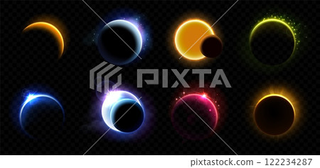 Solar eclipse. Light circles with planet edge, moon neon flare, space elements. Magic galaxy rings, star eclipses realistic effect. Vector outer space set 122234287