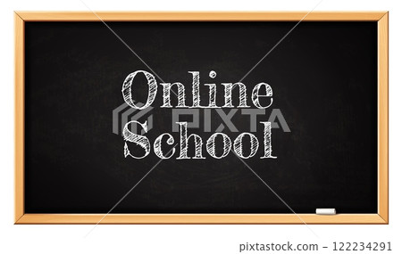 Online school blackboard. Back to school, online learning message on black chalkboard with wooden frame, 3D realistic banner template. Vector concept 122234291
