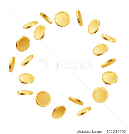 Gold rotating coins. 3d golden realistic coins flying by circle, money prize cash explosion isolated. Vector gambling game, casino and jackpot concept Gold rotating coins. 3d golden realistic coins flying by circle, money prize cash explosion isolated. Vector gambling game, casino and jackpot concept 122234292