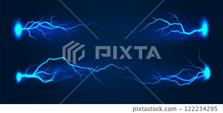 Realistic blue lightning. Thunder storm flash horizontal lightnings. Electric strike, thunderbolt bright light effect, power energy charge. Vector isolated set 122234295