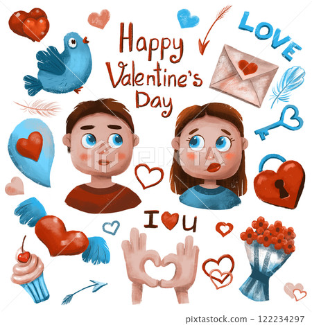 boy and girl, Valentine's Day set, weddings, couple in love, digital drawing with imitation of natural materials 122234297