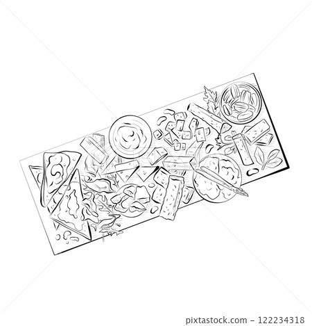 Line drawing. Food in line art style - Italian cuisine plate with snacks prosciutto, nuts, cheese, etc. 122234318