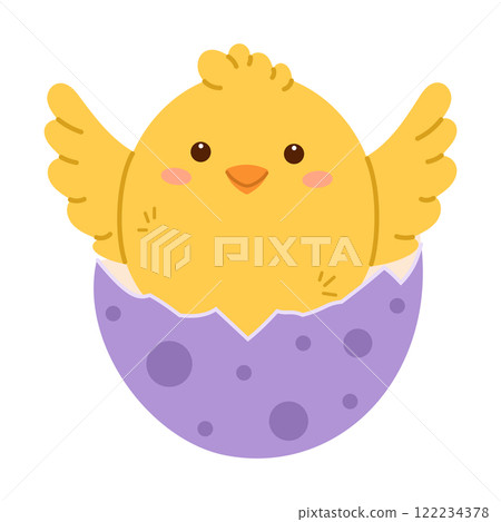 Chick in Easter egg. Chick hatch from cracked egg. Flat vector isolated illustration 122234378
