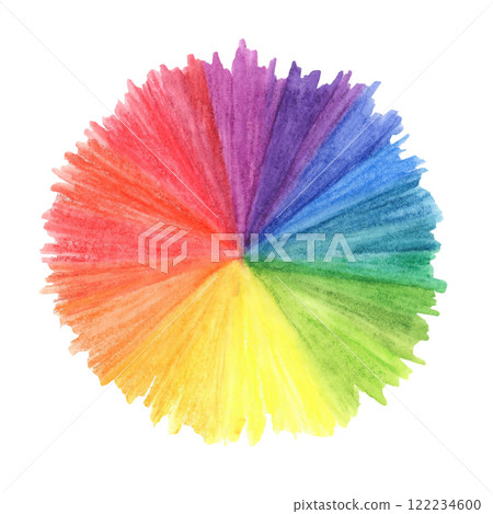 Spiked radial color wheel in bright rainbow hues. Color mixing clipart with primary and secondary colors with watercolor crayons. Great for artistic branding, creative or educational content 122234600