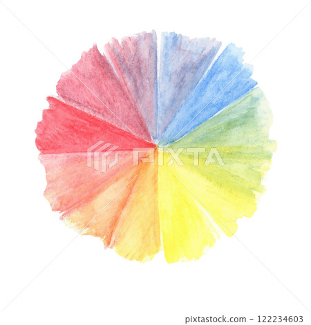 Soft radial gradient color wheel blending red, yellow, and blue primary colors. Hand painted watercolor crayon clipart. Color mixing theory illustration. Ideal for art workshops, craft designs 122234603
