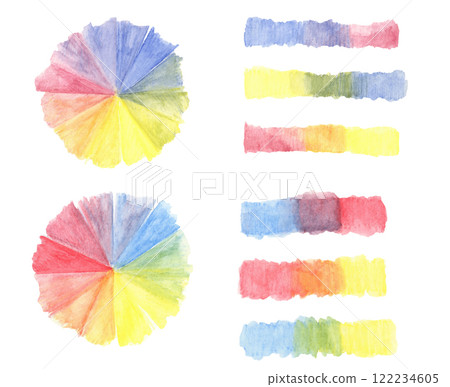 Color mixing theory illustration. Gradient primary color strokes and color wheels in rainbow hues. Hand painted watercolor crayons clipart. Versatile for DIY projects, elements for educational content 122234605