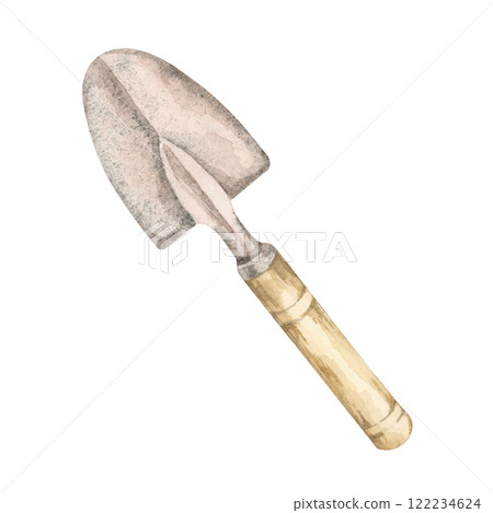 A classic garden spade with a wooden handle is depicted in this watercolor clipart. Gardening shovel tool. Great for DIY garden patterns, eco-friendly merchandise designs, or rustic-themed decor A classic garden spade with a wooden handle is depicted in this watercolor clipart. Gardening shovel tool. Great for DIY garden patterns, eco-friendly merchandise designs, or rustic-themed decor 122234624