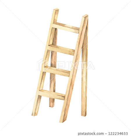 Garden staircase clipart. Wooden ladder hand drawn watercolor illustration. Rustic stepladder for farm-themed designs, DIY garden decor, or crafting unique patterns for merchandise or invitations Garden staircase clipart. Wooden ladder hand drawn watercolor illustration. Rustic stepladder for farm-themed designs, DIY garden decor, or crafting unique patterns for merchandise or invitations 122234633