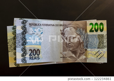 Money in Brazil. 200 Brazilian banknotes Reais Real BRL. 122234861