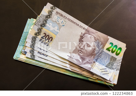 Money in Brazil. 200 Brazilian banknotes Reais Real BRL. 122234863