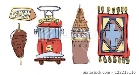 Istanbul icons including Galata Tower, tram, kebab, and Turkish carpet showcase vibrant culture, historic architecture, and must-see destinations for travelers and history enthusiasts Istanbul icons including Galata Tower, tram, kebab, and Turkish carpet showcase vibrant culture, historic architecture, and must-see destinations for travelers and history enthusiasts 122235116