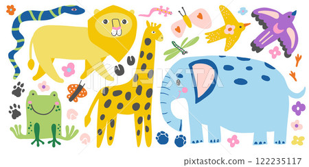 Playful jungle animals like an elephant, lion, giraffe, frog, and snake in vibrant colors evoke tropical adventures, perfect for wildlife themes and fun nature designs Playful jungle animals like an elephant, lion, giraffe, frog, and snake in vibrant colors evoke tropical adventures, perfect for wildlife themes and fun nature designs 122235117