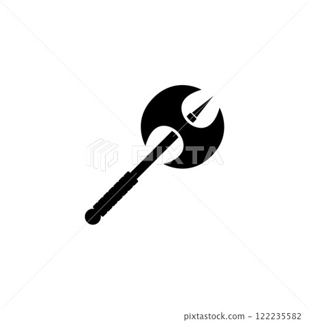 Bold black vector icon of a medieval battle axe, symbolizing ancient warfare and history Bold black vector icon of a medieval battle axe, symbolizing ancient warfare and history 122235582