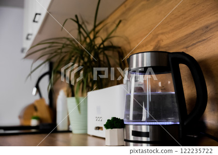 Close-up of kitchen wooden countertop with electric kettle with lighting, plants, toaster, kitchen sink, focus on kettle. Modern Kitchen, Functionality, Kitchen Appliances Concept. High quality photo 122235722