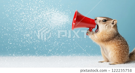 A lively groundhog screaming into megaphone symbolizes fun around Groundhog Day, ads for promotions, advertisement and communication, viral marketing. Copy space. Spring 122235758