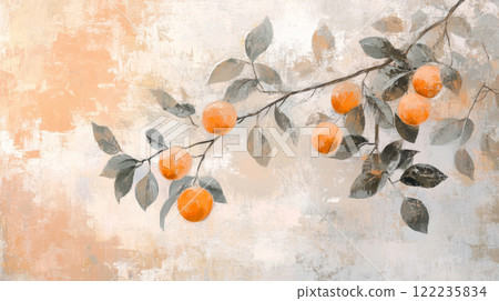 Abstract Painting of Orange Branches on a Textured Background 122235834