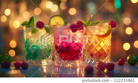 Vibrant Cocktails with Lime and Berries in Festive Lighting 122235861