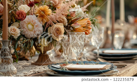 Outdoor rustic dining table with floral and fruit decorations 122235879