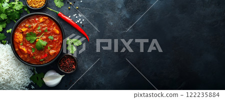 Chicken Curry with Vegetables and Rice on Black Background 122235884