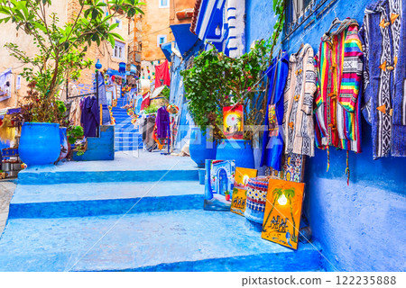 Chefchaouen, Morocco. Blue medina, ancient city, colourful flowerpots. 122235888