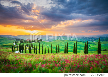 Crete Senesi, Tuscany. Iconic Tuscan landscape at sunset, rows of cypress trees in spring season - Italy travel background. 122235903