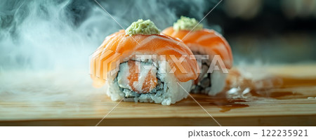 Fresh Salmon Sushi Rolls with Caviar Garnish Fresh Salmon Sushi Rolls with Caviar Garnish 122235921