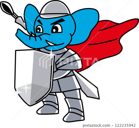 Illustration of an elephant wearing armor and holding a shield 122235942