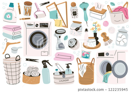 Laundry vector illustrations set, doodle collection of washing machines, detergents, clean towels, baskets, cleaning tools for home, household equipment and fabric care, storage orginization at home Laundry vector illustrations set, doodle collection of washing machines, detergents, clean towels, baskets, cleaning tools for home, household equipment and fabric care, storage orginization at home 122235945