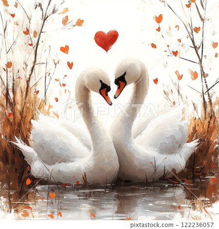Romantic illustration of two swans forming a heart shape with their necks, surrounded by red hearts symbolizing love and devotion. Romantic illustration of two swans forming a heart shape with their necks, surrounded by red hearts symbolizing love and devotion. 122236057