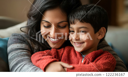 Loving Black Mother Embracing Son with Joyful Smiles 122236167