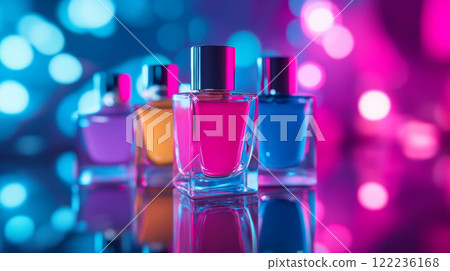 Assorted Nail Polishes in Colorful Lighting 122236168