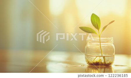 Fresh Green Sprout in Water Jar with Sunlight 122236185