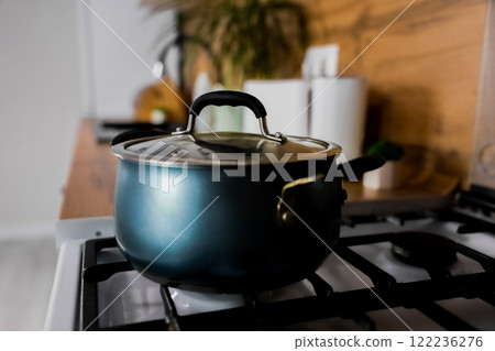 A blue pot stands on a gas stove with a black cast iron grate against the background of a white and wooden modern kitchen, on the countertop of which there are kitchen appliances and plants. The A blue pot stands on a gas stove with a black cast iron grate against the background of a white and wooden modern kitchen, on the countertop of which there are kitchen appliances and plants. The 122236276