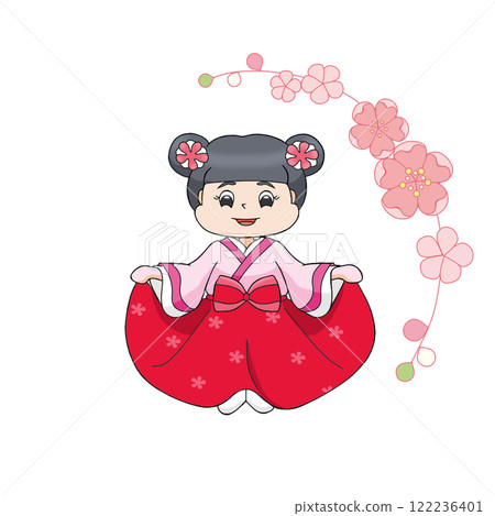 Girl wearing a kimono for Hinamatsuri (Girl's Day) White background Girl wearing a kimono for Hinamatsuri (Girl's Day) White background 122236401
