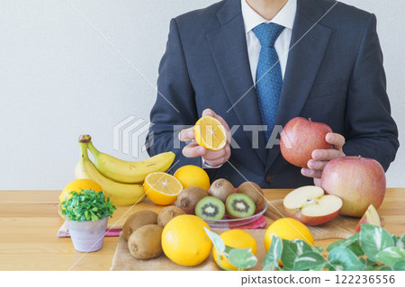 A man in a suit and fruits | Images of fruit diets | Kiwi, lemon, apple, banana 122236556