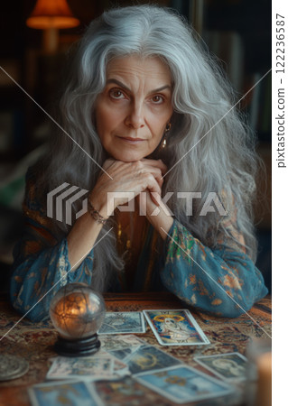 Mature Woman Reading Tarot Cards in Candlelit Room 122236587