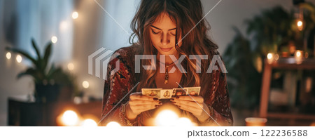 Woman Reading Tarot Cards in Candlelit Room 122236588