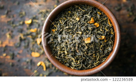 Dried Loose Leaf Tea in Rustic Bowl Top View 122236589
