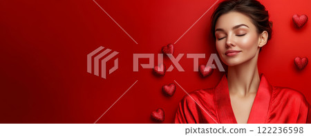 Glamorous Woman with Floating Hearts on Red Background 122236598