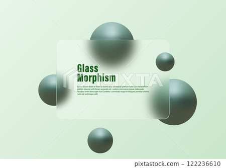 Abstract green gradient background in glass morphism style. Frosted glass screen with blurred floating dark spheres. Abstract green gradient background in glass morphism style. Frosted glass screen with blurred floating dark spheres. 122236610