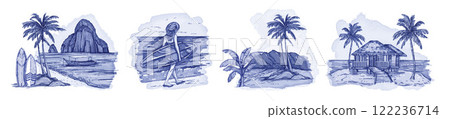 Exotic landscape watercolor set, vector hand drawn tropical ocean view, island paradise blue clipart 122236714