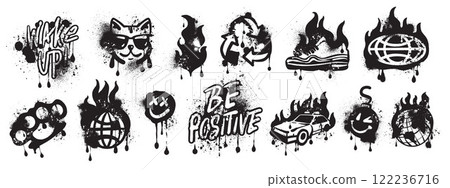 Graffiti print set, hand drawn urban street art, vector black dripped spray effect texture design. Graffiti print set, hand drawn urban street art, vector black dripped spray effect texture design. 122236716