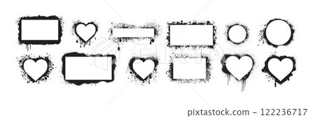 Graffiti frame ink set, vector grunge urban border, spraypaint liquid effect box, heart silhouette.  122236717