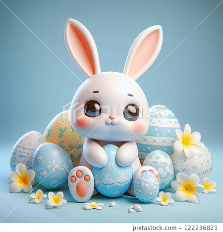 Cartoon cheerful Easter bunny with colorful Easter eggs and spring flowers 122236821