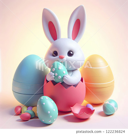 Cartoon cheerful Easter bunny with colorful Easter eggs and spring flowers 122236824